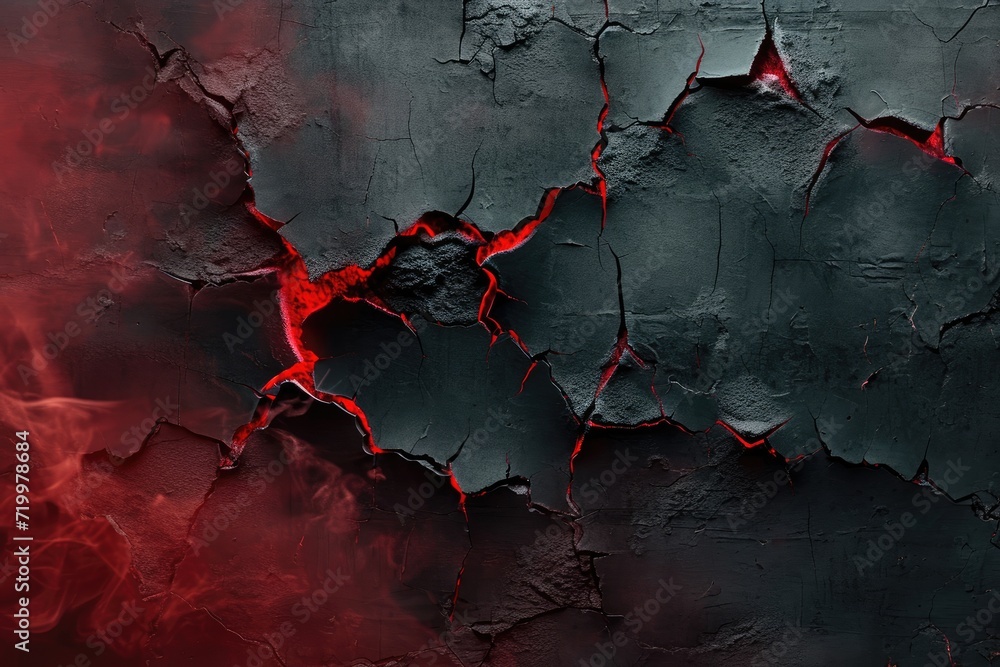 Fototapeta premium cracked black cement texture with red smoke. horror background