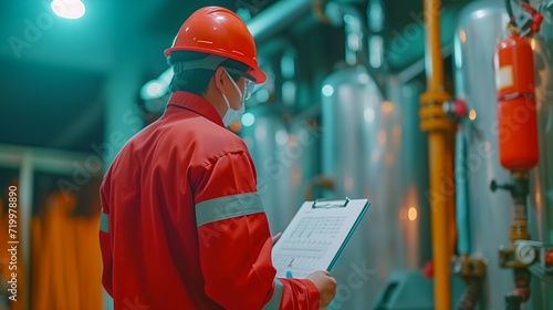 safety officer worker checking a fire extinguisher in a warehouse. Industrial Fire System control check by Professional Engineer write on clipboard