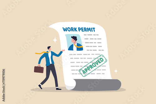 Work permit document approved, contract agreement athority, legal paperwork for employment with stamp signature, immigration permission concept, businessman employee with  approved work permit paper.