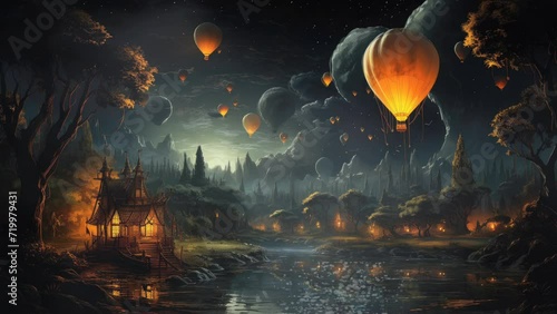 Riverside Rendezvous: A Nighttime Journey in a Hot Air Balloon Over Houses and Trees photo