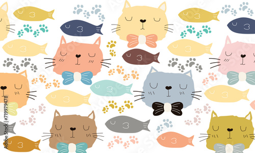 seamless children's patterns with cute cat and fish faces, creative nursery backgrounds suitable for children's design, fabric, wrapping, wallpaper, textiles, clothing.