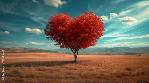 Tree of love. Red heart-shaped tree landscape. Valentine's Day background. generative Ai