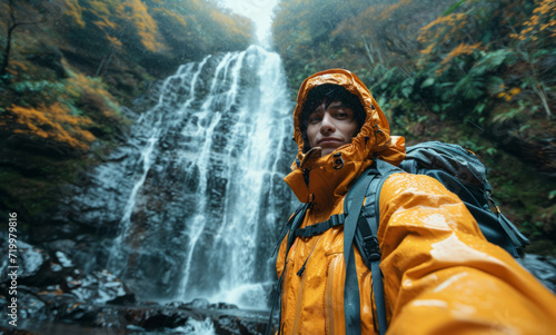 Waterfall, portrait and selfie with hiking gear for travel, freedom or vacation. Health, activity and outdoors with person on landscape view for wellness, motivation or discovery in nature photo