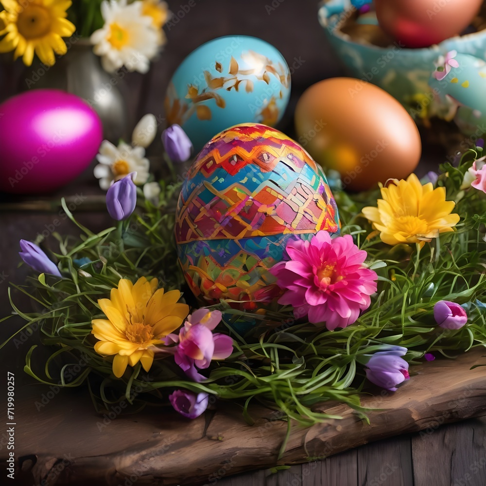 Colorful Easter eggs with design in a basket on a dark wooden background. Colorful Happy Easter eggs in a nest with flowers. Beautiful Happy Easter background. Colorful Easter eggs with design in a basket on a dark wooden background. Colorful Happy Easter eggs in a nest with flowers. Beautiful Happy Easter background.