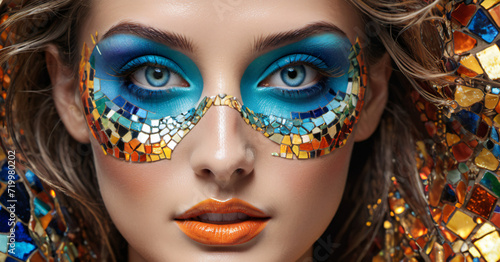 Stylish Woman With Blue Makeup and Butterfly Mask