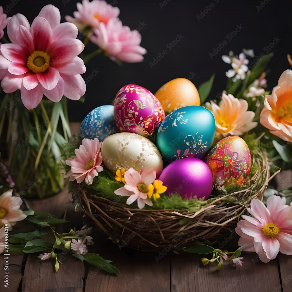 Colorful Easter eggs with design in a basket on a dark wooden background. Colorful Happy Easter eggs in a nest with flowers. Beautiful Happy Easter background. Colorful Easter eggs with design in a basket on a dark wooden background. Colorful Happy Easter eggs in a nest with flowers. Beautiful Happy Easter background.