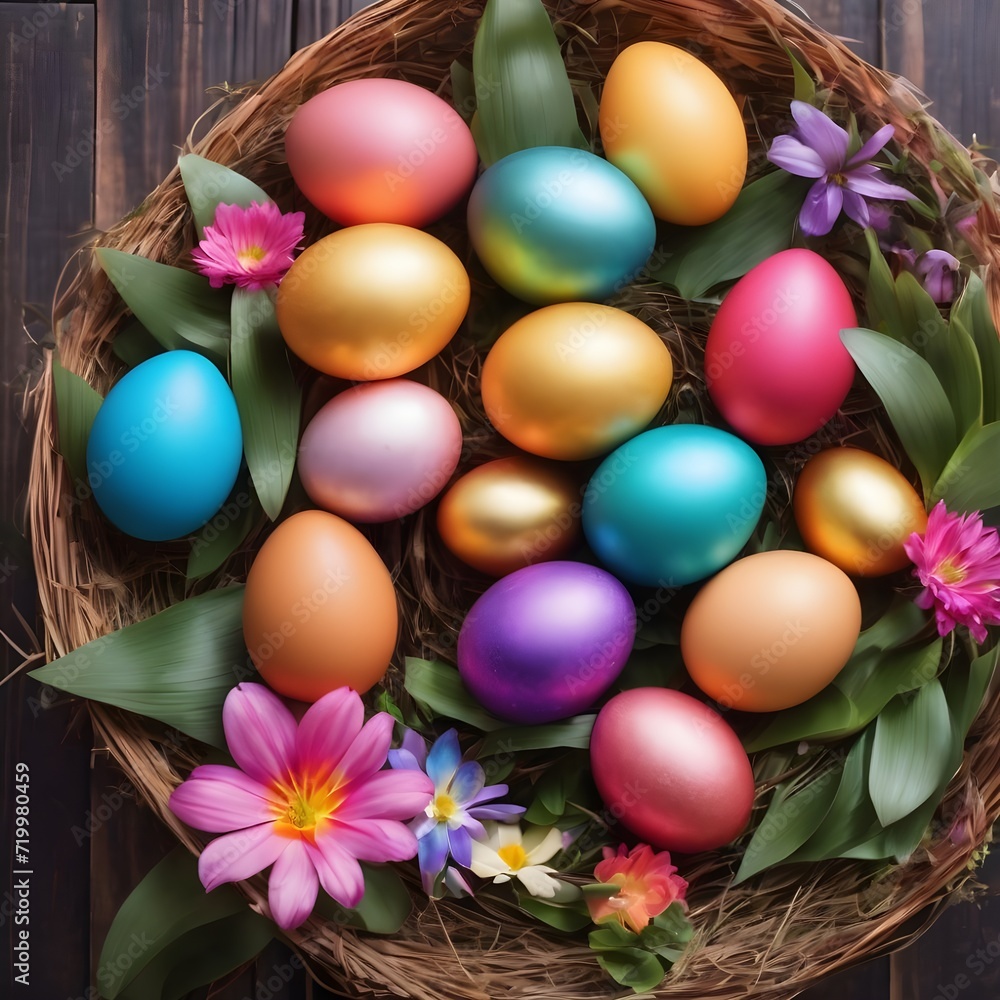 Colorful Easter eggs with design in a basket on a dark wooden background. Colorful Happy Easter eggs in a nest with flowers. Beautiful Happy Easter background.