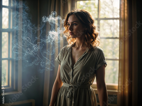 young blond woman standing in a room in front of a window with smoke in the background, cinematic moody look