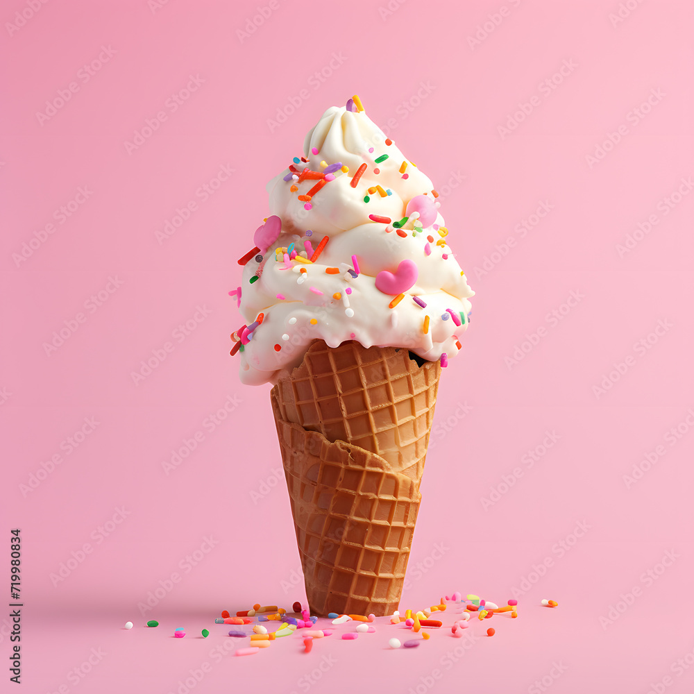 Vanilla and strawberry ice cream cones with colorful sprinkles on a pastel pink background. Vector Illustration of Delicious Frozen Dessert in Waffle Cone. Sweet summer concept Vanilla and strawberry ice cream cones with colorful sprinkles on a pastel pink background. Vector Illustration of Delicious Frozen Dessert in Waffle Cone. Sweet summer concept