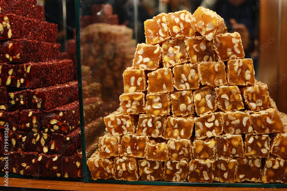 Assortment various of Turkish delight at market