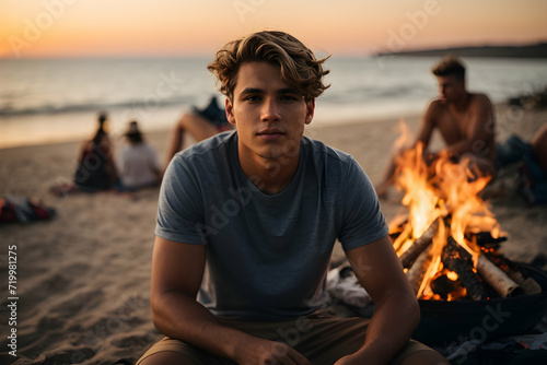 Young man sitting by bonfire on beach at sunset. camping concept