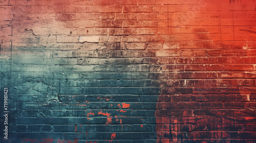 Bright red and blue textured brick wall with a grungy feel.