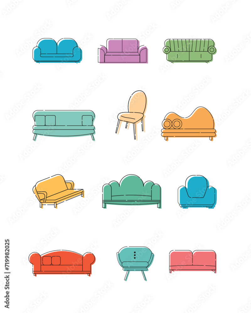 Simple Lined Sofa Illustration Design Set Simple Lined Sofa Illustration Design Set
