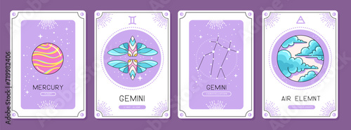 Set of cartoon magic witchcraft cards with astrology Gemini zodiac sign characteristic. Vector illustration