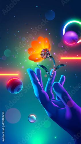 Robotic flower in hand. Valentine day Card or March 8 in computer technology style, artificial intelligence or AI. Artificial robotic flower. Hand gives AI electronic flower. Vector Valentine day card