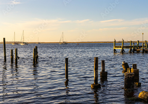 Sail Boats and Pier on The Amelia River at Sunset  Fernandina City  Amelia Island  Florida  USA