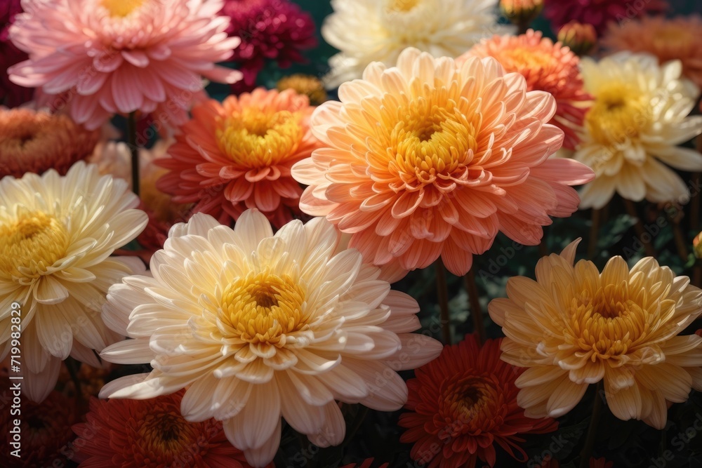 Fototapeta premium Chrysanthemum Blossoms Silhouettes Dance in Harmonious Splendor, A Pixelated Tapestry of Nature's Beauty