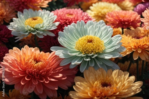 Chrysanthemum Blossoms Silhouettes Dance in Harmonious Splendor, A Pixelated Tapestry of Nature's Beauty