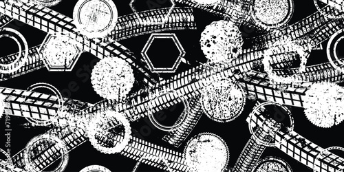 Tire track seamless and stamps pattern. Grange tread marks .Grunge textured vector car tread . Car trails endless pattern texture. Tyre track seamless texture. Wheel tire tread track background