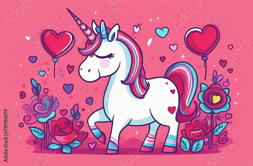 illustration of a horse. Cute unicorn hugging a heart love