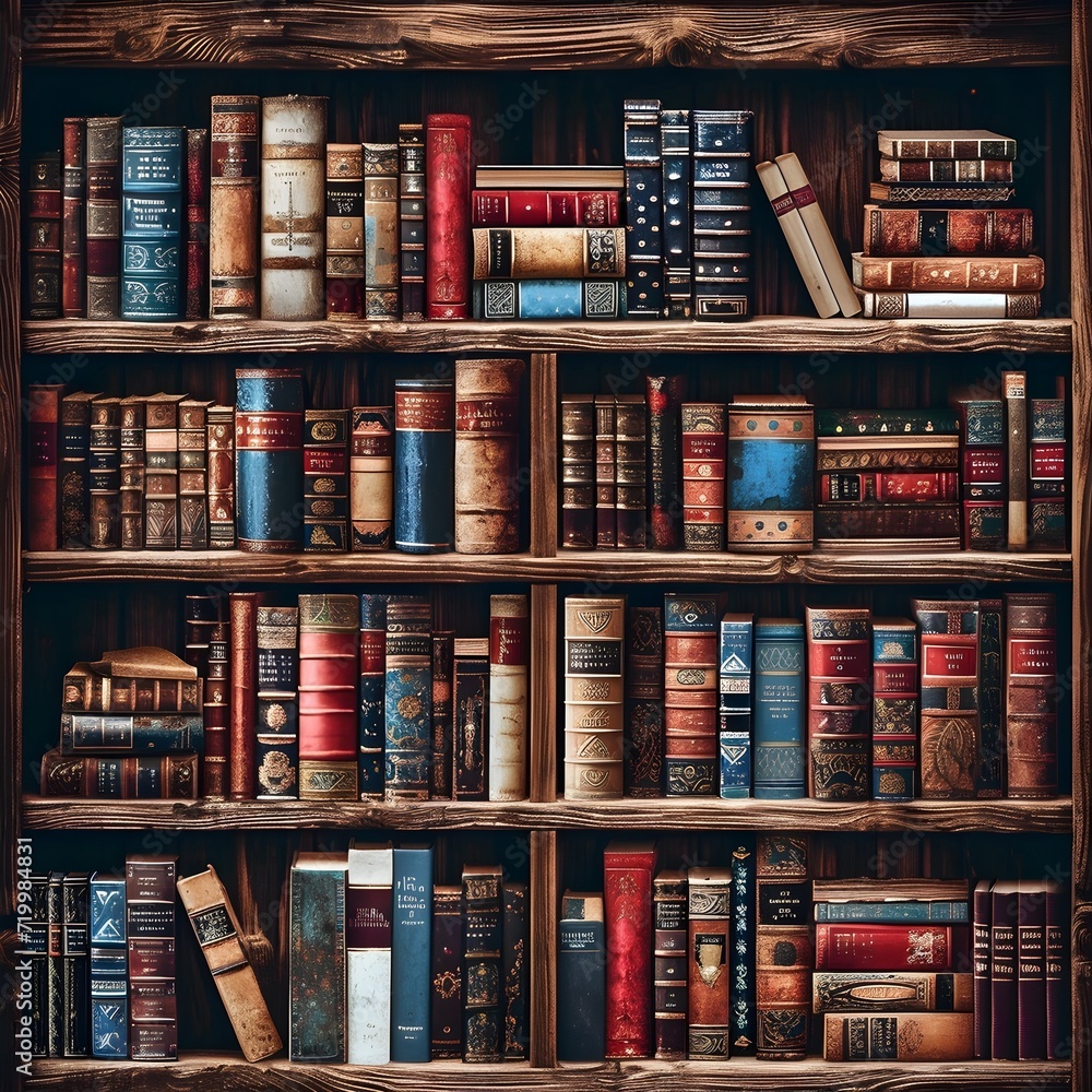 Naklejka premium Old shabby books on a table on a wooden background with various accessories, Dark Academia Bookshelves Backgrounds