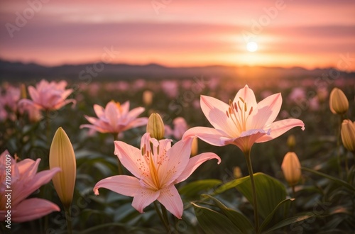 Solitary pink Lily blossoms in Soft Focus, Radiating Tranquility and Floral Beauty