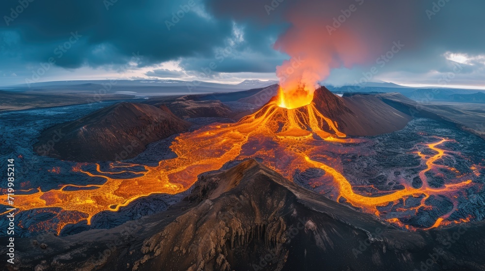 Aerial view of erupting volcano and flowing lava