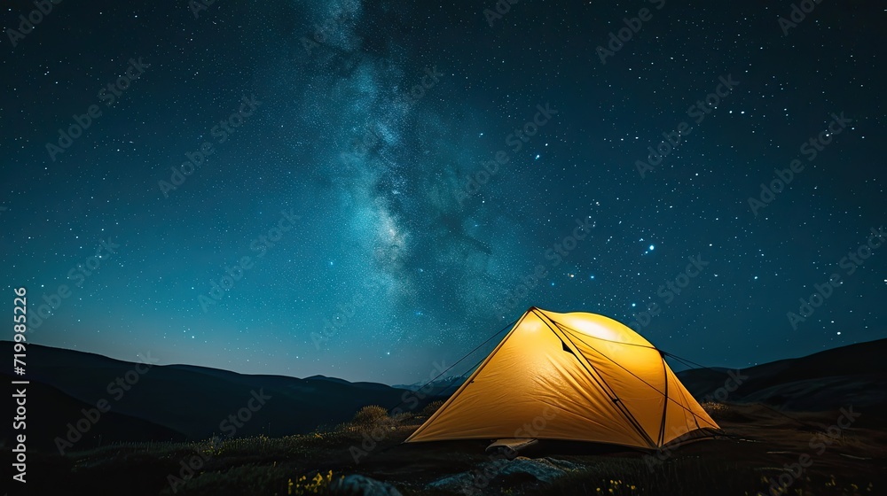Illuminated tent under glowing night sky with stars and milky way. Tourist equipment for camping.