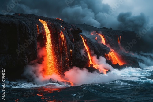 Active lava flow volcanic eruption magma touching the ocean