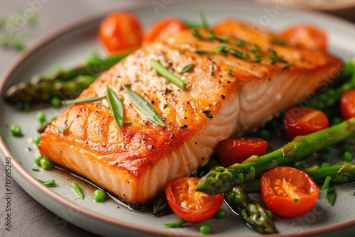 Baked salmon garnished with asparagus and tomatoes with herbs.