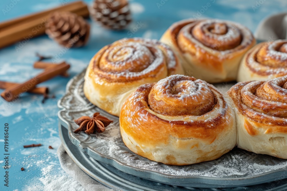 Homemade cinnamon rolls on a gray earthenware tray on blue background Homemade cinnamon rolls on a gray earthenware tray on blue background