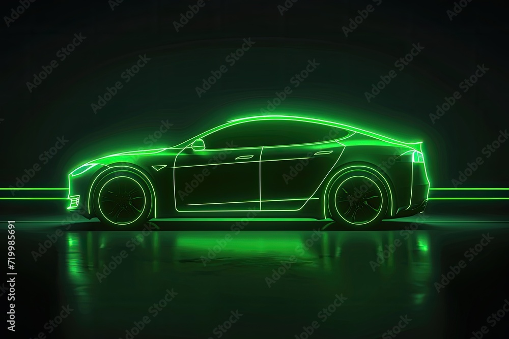 Green neon glowing in the dark electric car on high speed running concept. Green neon glowing in the dark electric car on high speed running concept.