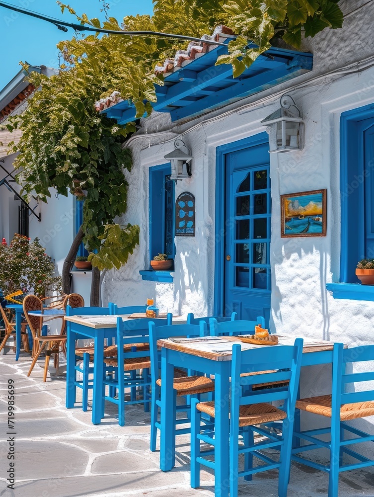 Fototapeta premium Greek culture with traditional white and blue greek architecture, taverna