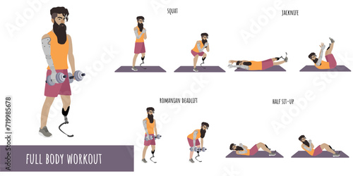 Disabled man with prosthetic leg and arm workout