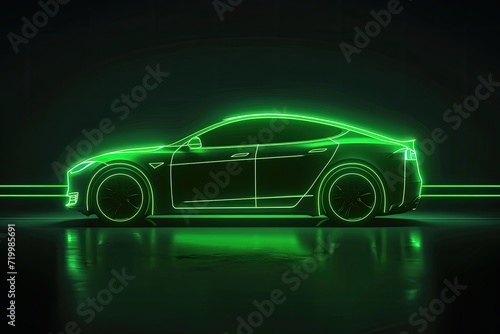 Green neon glowing in the dark electric car on high speed running concept. © Lubos Chlubny