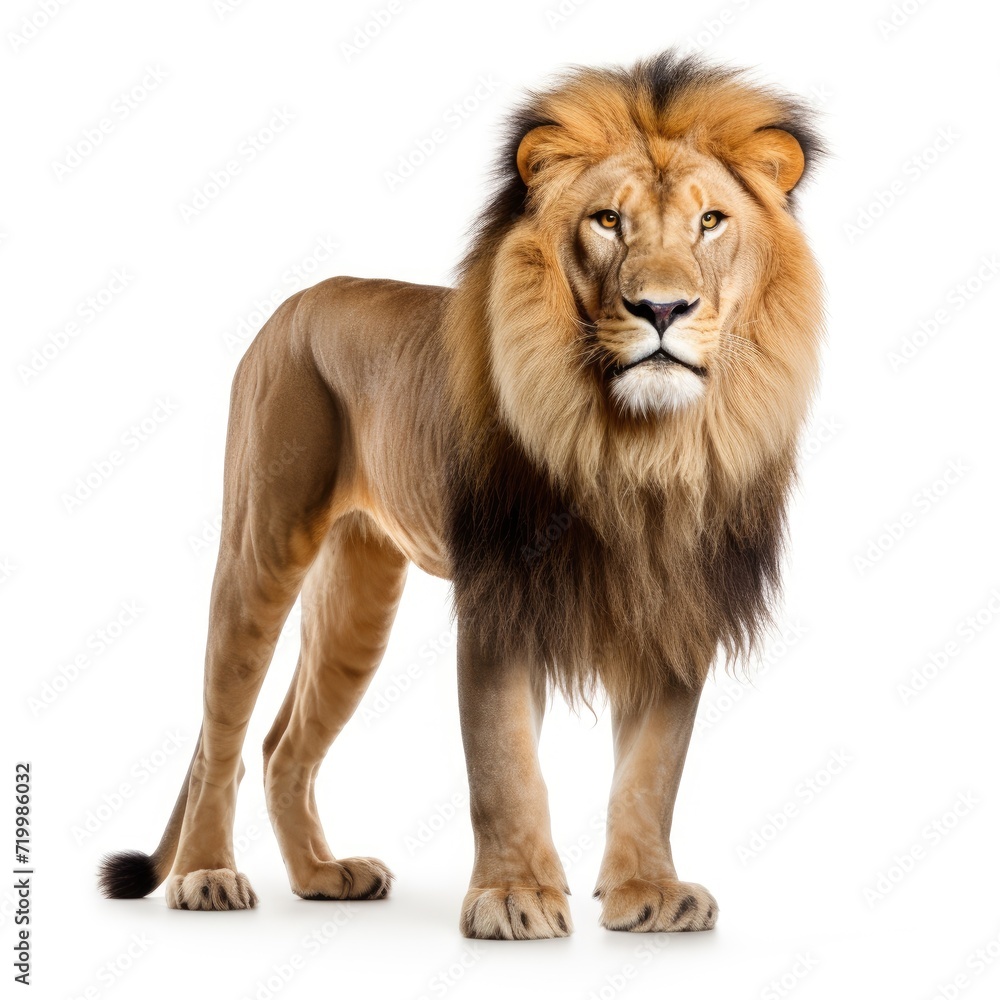 An image showcasing a majestic lion, contrasted with a white backdrop, Ai Generated