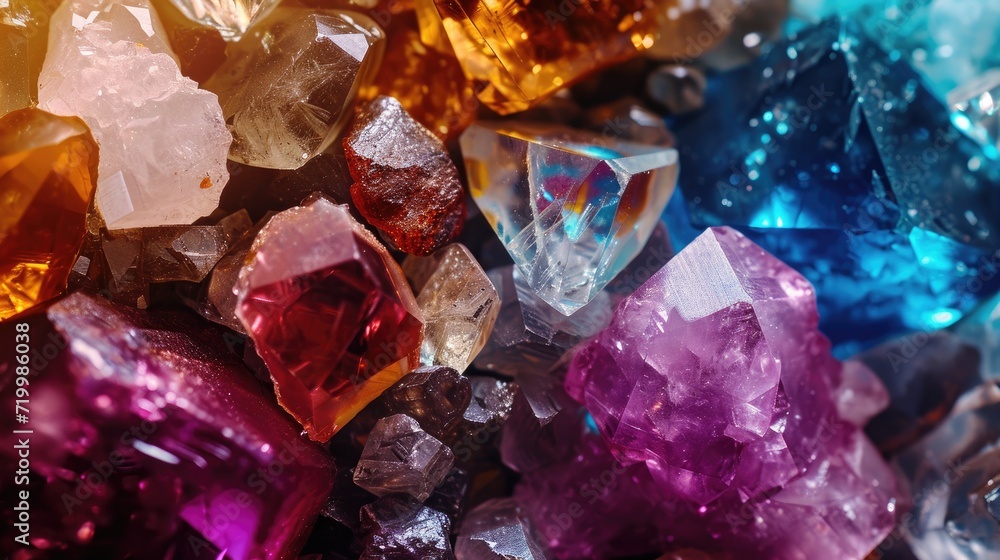 Close-up view of various jewels, mineral gems, and crystals for backgrounds, Ai Generated