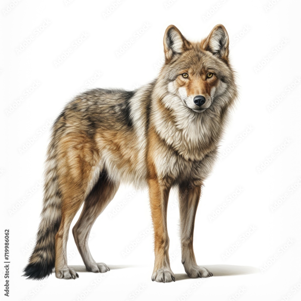 Obraz premium A wolf captured in a photo, vividly set against a pure white background, Ai Generated