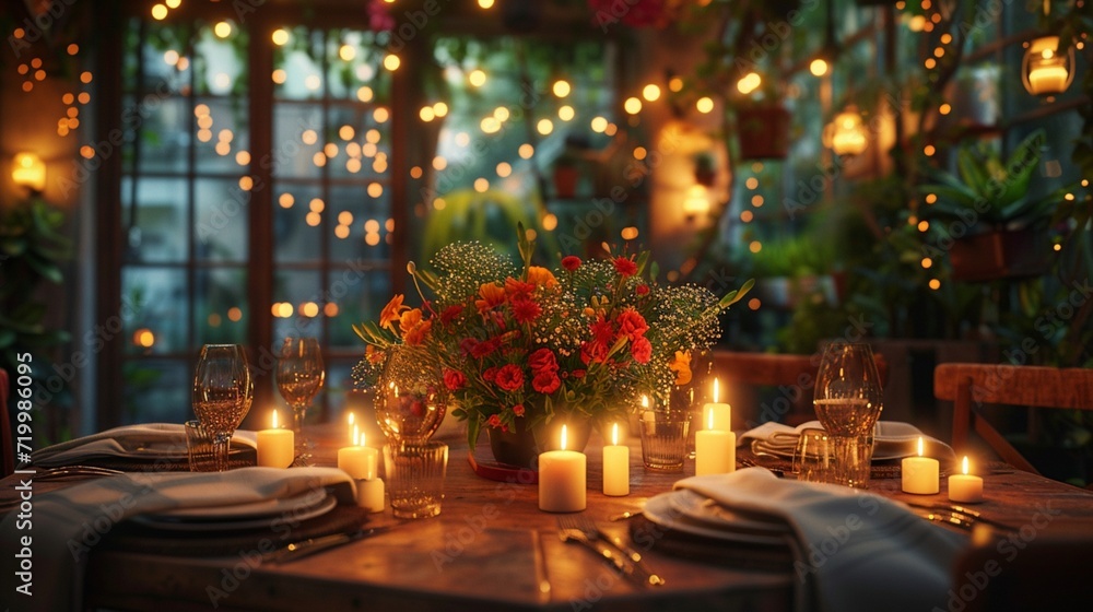 A charming dining room, set for an intimate dinner with friends, featuring candles and fresh flowers.