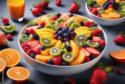 Healthy fruit salad with fresh fruits and berries in bowl on wooden table