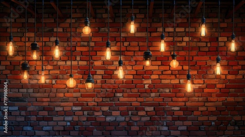 Multiple pendant lamps set against a rustic red brick wall for a chic look, Ai Generated
