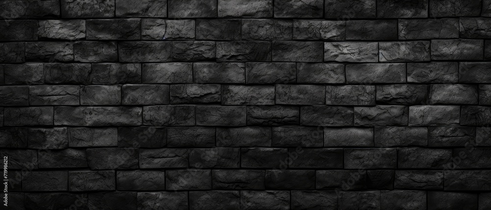 Dark black anthracite, featuring a damaged rustic brick wall texture in a panoramic banner background, Ai Generated