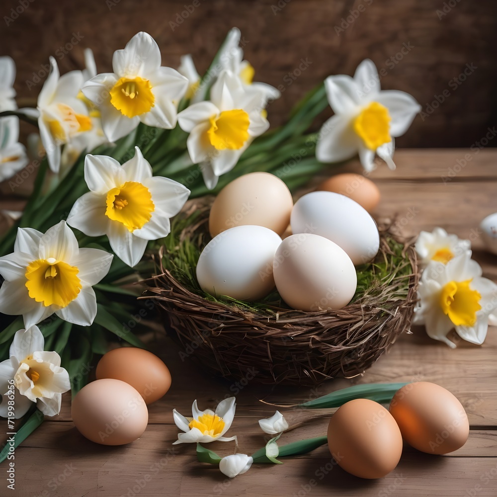 Easter still life with white daffodils and yellow eggs with design . Easter eggs in a nest with flowers on a wooden table. Happy Easter