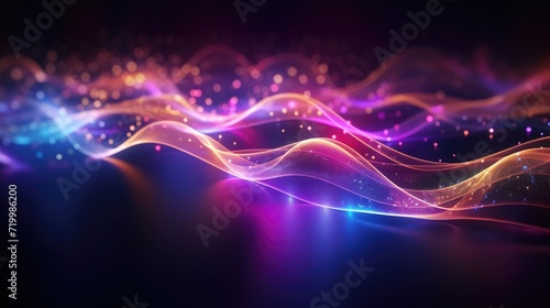 Futuristic abstract background with gold, pink, and blue neon wave lines moving at high speed, accompanied by bokeh lights, Ai Generated