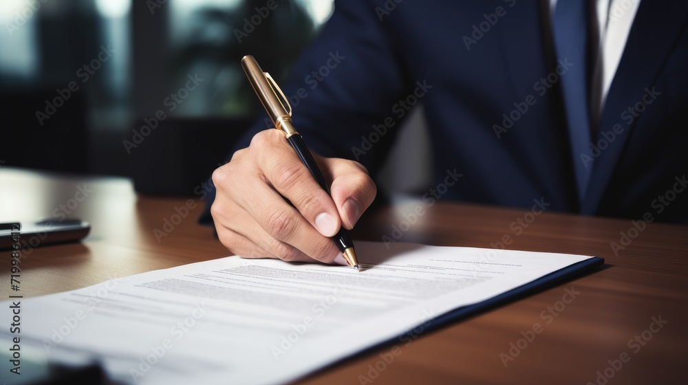 Close-up of a man in a business suit signing important documents, Ai Generated Close-up of a man in a business suit signing important documents, Ai Generated