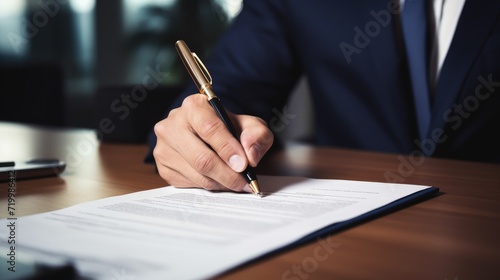 Close-up of a man in a business suit signing important documents, Ai Generated
