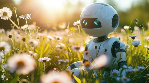 A cute little robot happily exploring a field of flowers, Ai Generated