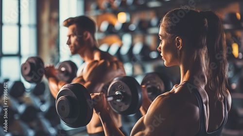 Side view of sporty attractive woman and handsome muscular man lifting weights in the gym. copy space for text. photo