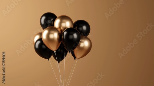 Cluster of black and golden balloons against a vibrant brown backdrop, Ai Generated