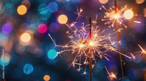 Vivid fireworks burst in celebration  with sparklers glowing against a bokeh backdrop  Ai Generated